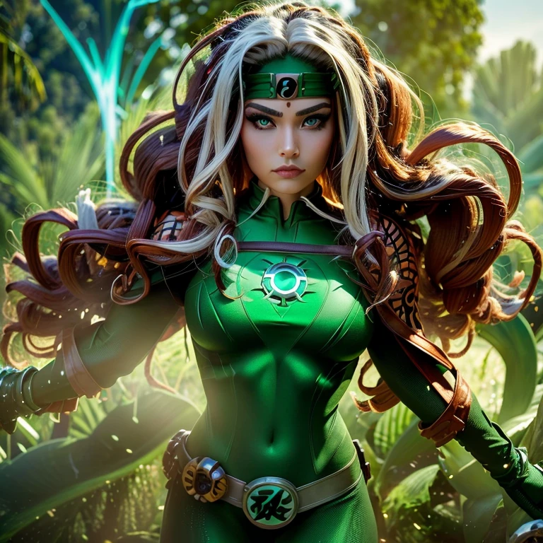 A mystical AztecNativedonning the iconic Green Lantern suit, a vibrant blend of ancient and futuristic elements, surrounded by intricately designed temples and lush jungle foliage. His emerald green eyes gleam with an otherworldly power, radiating energy that illuminates the detailed and richly textured environment. The suit's power ring is prominently displayed on his left hand, emitting a soft yet intense green glow.

This highly detailed and realistic depiction of the AztecNativeGreenLantern is brought to life in stunning 8k resolution, the natural colors and intricate details of his suit and the jungle environment dramatically enhanced. His