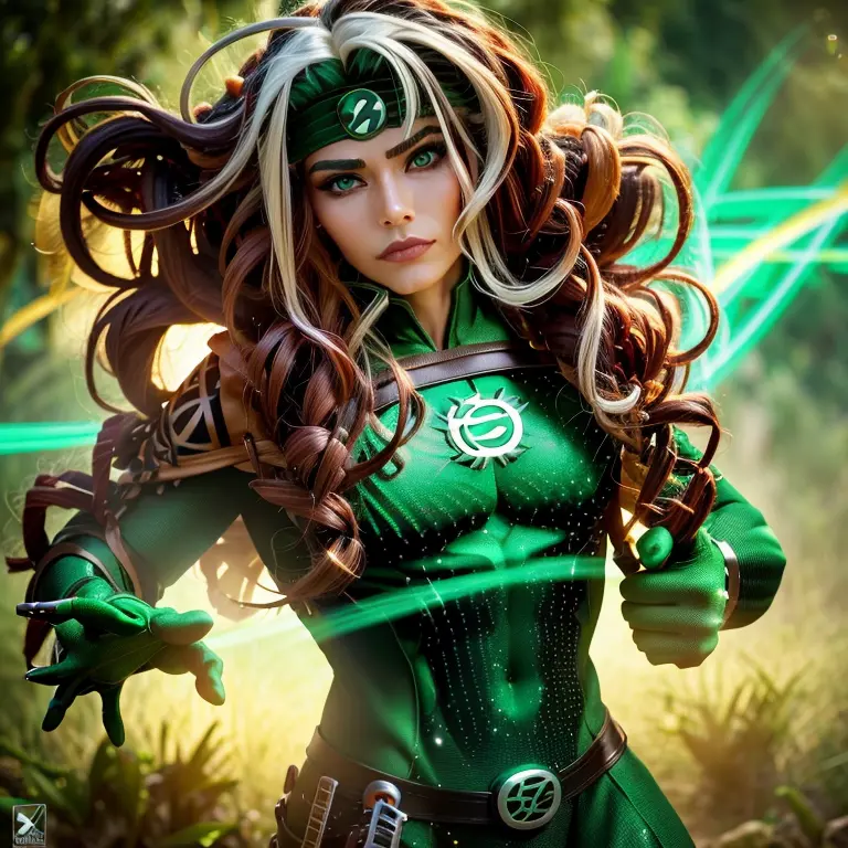 A mystical AztecNativedonning the iconic Green Lantern suit, a vibrant blend of ancient and futuristic elements, surrounded by i...
