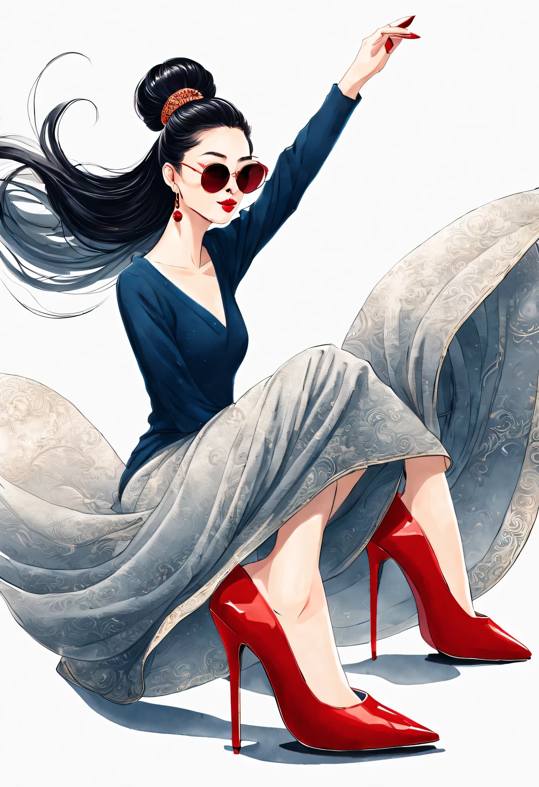(role conception), (Half-length close-up), (Beautiful Chinese girl barefoot waving her red high heels: 1.3), (Wearing big sunglasses and top bun hairstyle: 1.2), Harmonious combination of classic and modern, Dark blue and brown sweater, jeans, scarf, Matching jackets with fashionable clothing, Elegance, Girl fair and flawless smooth skin, high nose bridge, Head up posture, sad yet beautiful, slender figure, Exquisite facial features,
swirling fog illustration, ink painting, black hair, a ball head, Proud, Surrealism, contemporary art photography, action painting illustration, abstract expressionism, Pixar, depth of field, motion blur, backlight, radiation, decline, Head up angle, Sony FE General Manager, ultra high definition, masterpiece, accurate, textured skin, Super details, high detail, high quality, Award-winning, best quality, Level, 16k, Photographed from a bottom-up perspective,