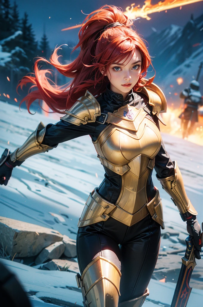 an action shot of a fantasy game woman paladin with red flaming hair wielding a fire sword and fire shield, wearing black armor, fire in background, HD, hyper detailed, ultra detailed, (Ultra high saturation, bright and vivid colors), (best quality, masterpiece, Representative work, official art, Professional, 8k:1.3)