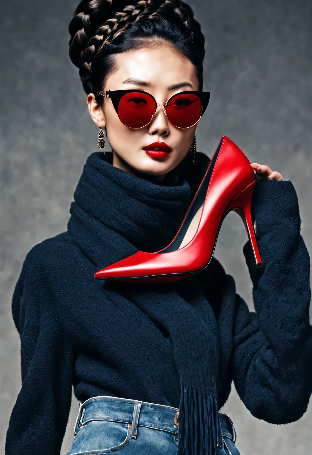 (character idea), (Half-length close-up), (Beautiful Chinese girl waving red high heels: 1.3), (Wear big sunglasses to win braids: 1.2), A combination of classic and modern, Dark blue and brown sweater, jeans, scarf, Matching jackets with fashionable clothing, grace, Girl&#39;s skin is fair, flawless and smooth, high nose bridge, Head up posture, sad but beautiful, slender figure, Exquisite facial features, swirling fog illustration, ink painting, black hair, A ball head, proudly, Surrealism, contemporary art photography, action illustration, abstract expressionism, Pixar, depth of field, motion blur, backlight, radiation, decline, Head up angle, Sony FE General Manager, ultra high definition, masterpiece, precise, textured skin, Super details, high detail, high quality, Award-winning, best quality, grade, 16k, Photographed from a bottom-up angle,