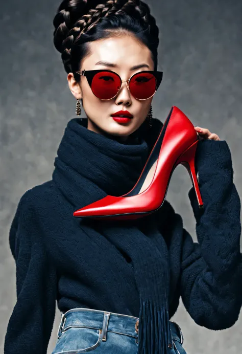 (character idea), (Half-length close-up), (Beautiful Chinese girl waving red high heels: 1.3), (Wear big sunglasses to win braid...