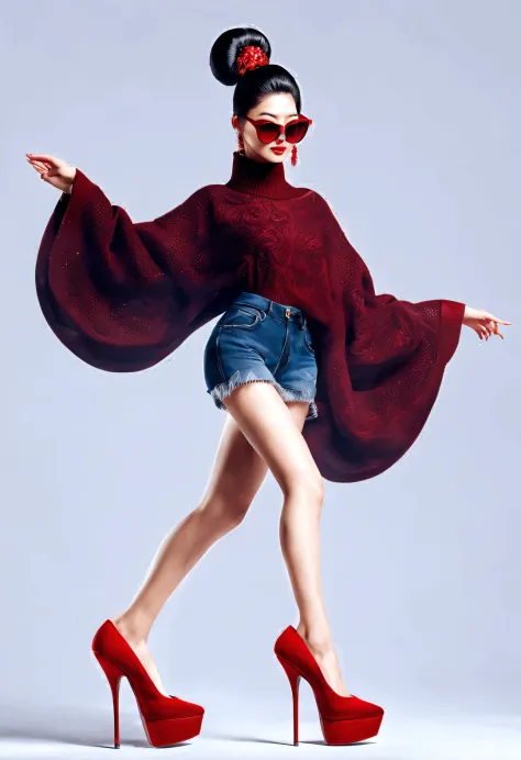 (role conception), (Half-length close-up), (Beautiful Chinese girl barefoot waving her red high heels: 1.3), (Wearing big sunglasses and top bun hairstyle: 1.2), Harmonious combination of classic and modern, Dark blue and brown sweater, jeans, scarf, Match...