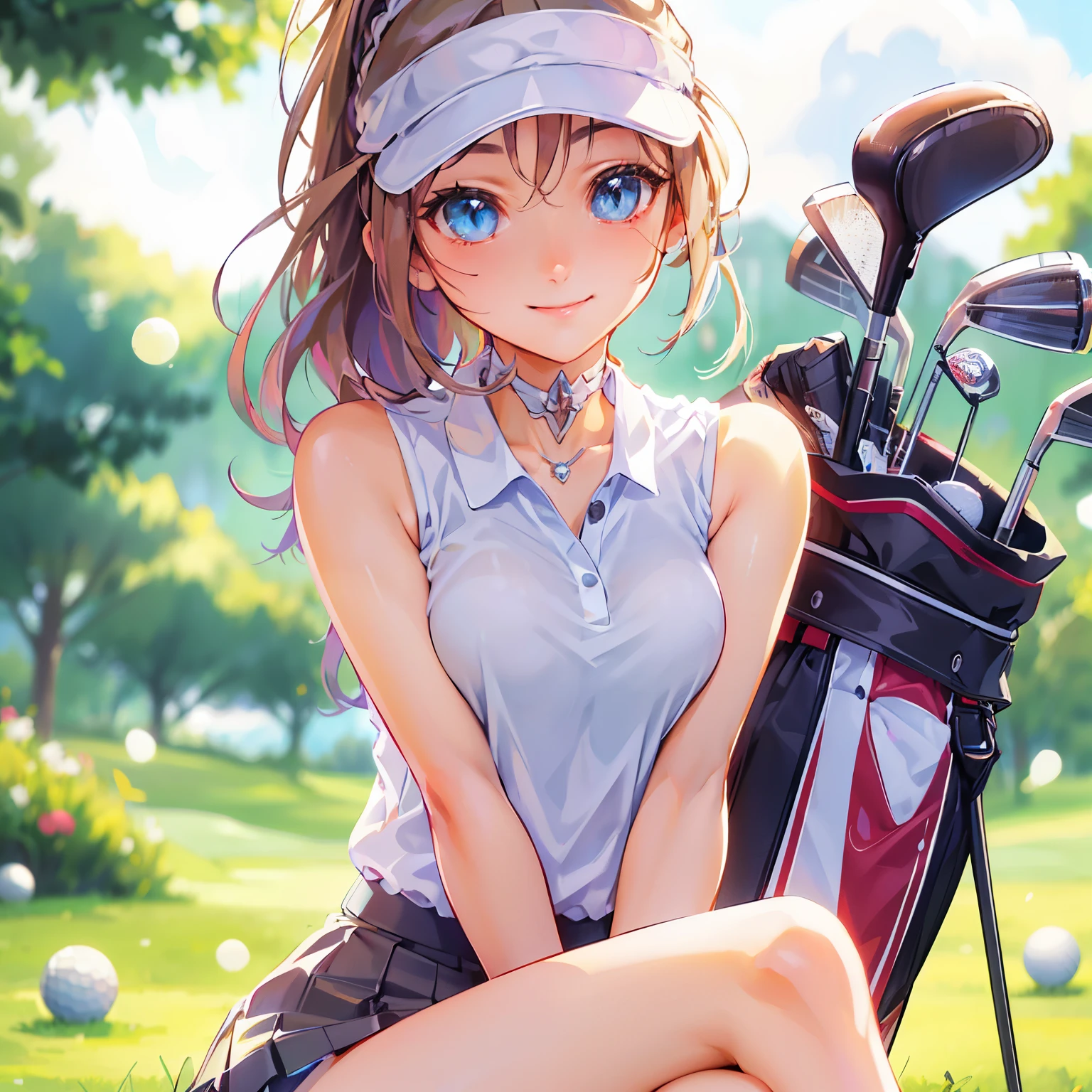 (highest quality, table top),super detailed photos,1 girl, Female Golfer,skirt,big breasts,beautiful feet,At the golf venue,detailed beautiful face,beautiful eyes,fine hair,detailed outfit,detailed realistic skin,cute,smile,dynamic angle,