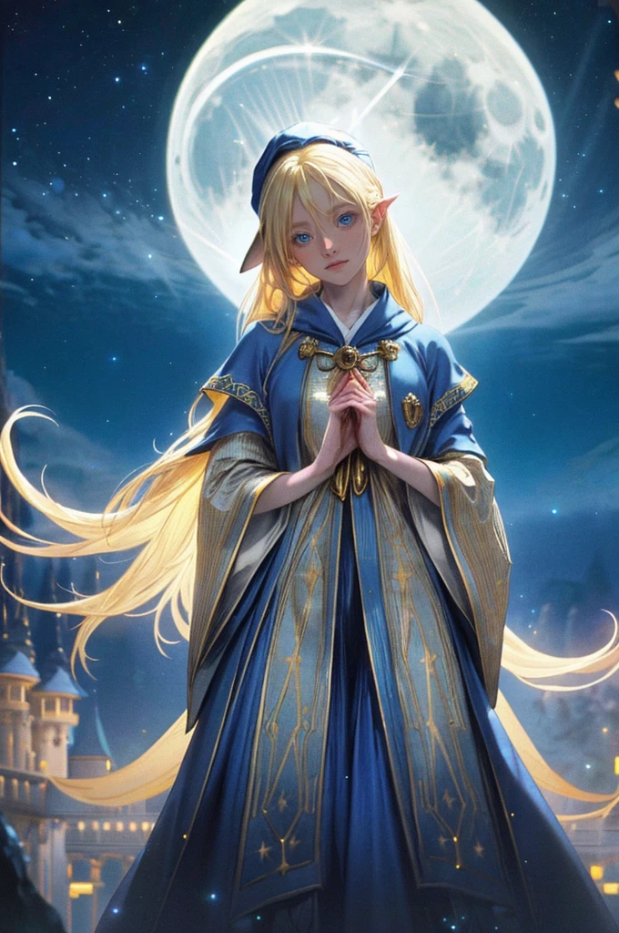 A photo of a blonde, blue-eyed cute Wizard girl standing on a moonlit night. A colorful, sparkling halo appears and colors the scene. She wears a wizard hat with gold embroidery and luxurious blue robes, creating a mysterious atmosphere, blue moon, hyper detailed, ultra detailed, (Ultra high saturation, bright and vivid colors), (best quality, masterpiece, Representative work, official art, Professional, 8k:1.3)