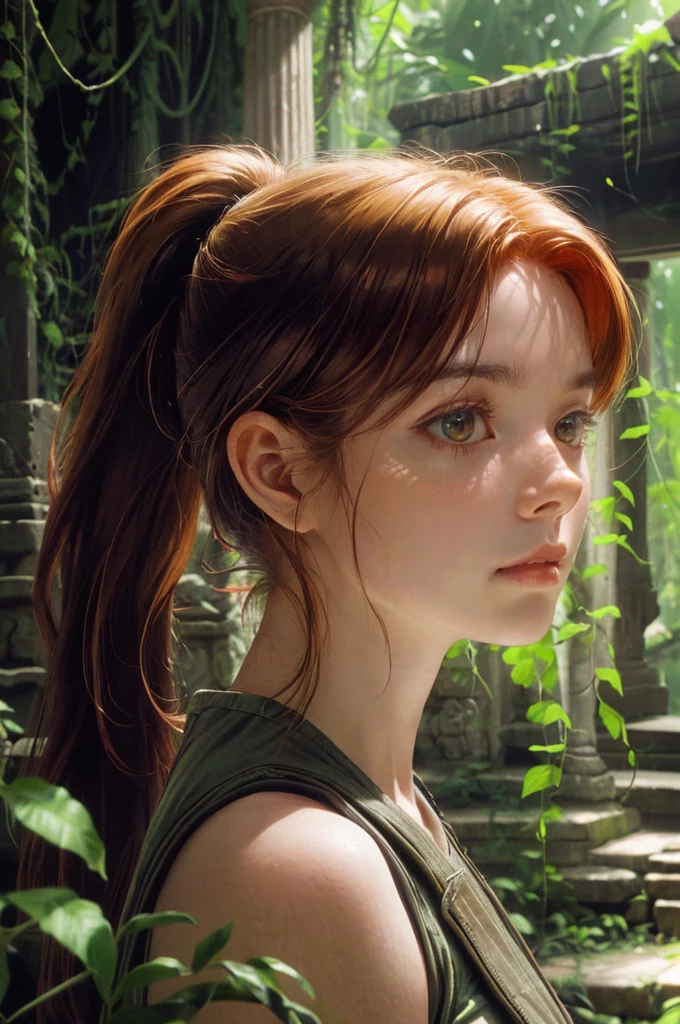 1/2 portrait of a female explorer in an ancient temple on the in the jungle, indiana jones, (beautiful face), long auburn hair in a ponytail, hazel eyes, vines in the foreground, leaves in the foreground, (stunning features), ancient ruins, masterful composition, eye contact, RAW, super detail, highres, (Ultra high saturation, bright and vivid colors), (best quality, masterpiece, Representative work, official art, Professional, 8k)