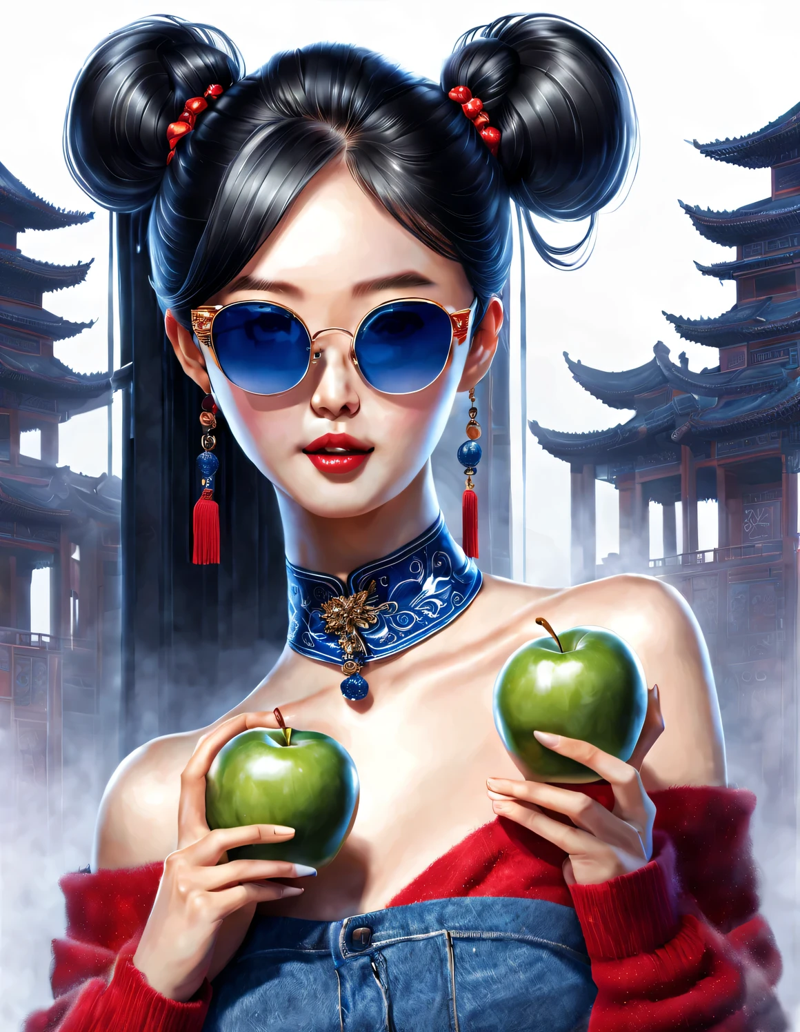 (角色构想), (半身特写), (美丽的中国女孩赤脚拿着苹果: 1.3), (戴着大墨镜，扎着厚厚的马尾辫: 1.2), 古典与现代的和谐结合, 深蓝色毛衣和牛仔裤, 红色围巾外套, 现代时尚服装, 优雅, 女孩白皙无瑕光滑的皮肤, 高鼻梁, 抬头姿势, 悲伤而美丽, 身材苗条, 精致的五官,
旋涡雾插图, 水墨画, 黑发, 球头, 自豪的, 超现实主义, 当代艺术摄影, 行动绘画插图, 抽象表现主义, 皮克斯, 景深, 运动模糊, 背光, 辐射, 衰退, 抬头角度, 索尼 FE 总经理, 超高清, 杰作, 准确的, 纹理皮肤, 超级细节, 高细节, 高质量, 屡获殊荣, 最好的质量, 等级, 16千, 从下往上拍摄, 有趣的,
