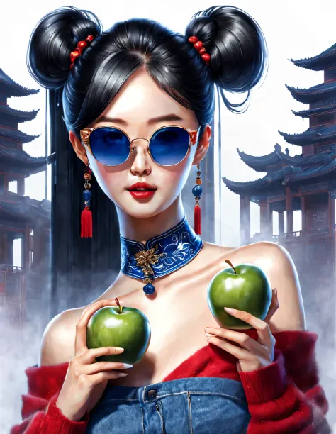 (role conception), (Half-length close-up), (Beautiful Chinese girl barefoot holding apple: 1.3), (Wearing big sunglasses and thi...