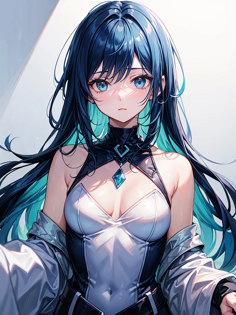 （（（masterpiece、Highest image quality、highest quality、highly detailed unity 8ｋwallpaper）））、（（Illustration of one girl、upper body））、（（（beautiful girl）））、blue hair、stocky build, thickset physique：1.3, broad shoulders, solid chest、（（（flat chest）））、white clothes