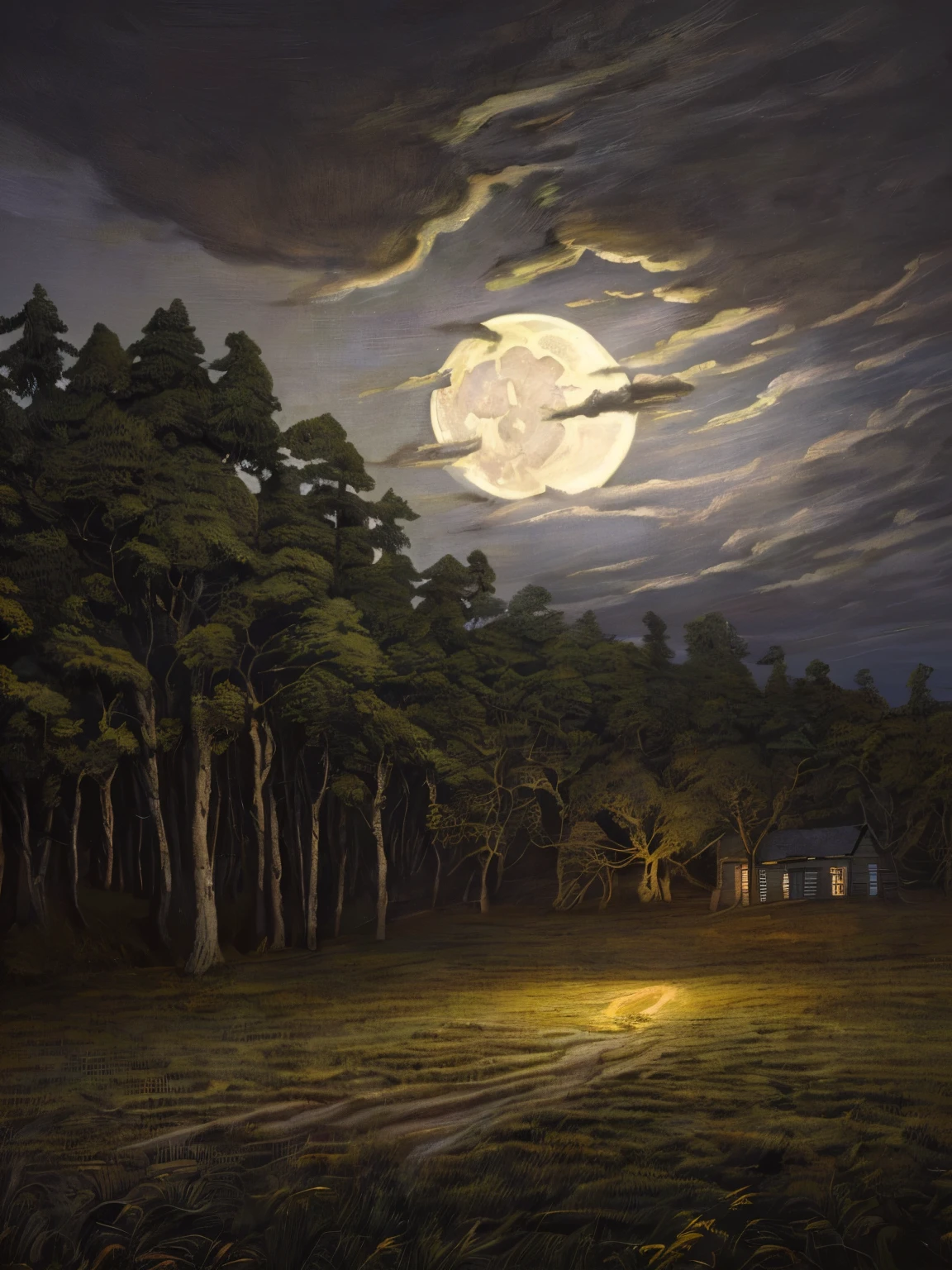 (masterpiece:1.2, best quality), (ultra-detailed), (illustration), (ultra highres), (delicate illustration), (hyper-detailed), (super detail:1.3), professional lighting, cinematic lighting, (nostalgia and peacefulness:1.3), professional (landscape painting) of natures, moon lighting, moon light on trees leaves, (dark cloud, dark night, full moon, dark lighting)