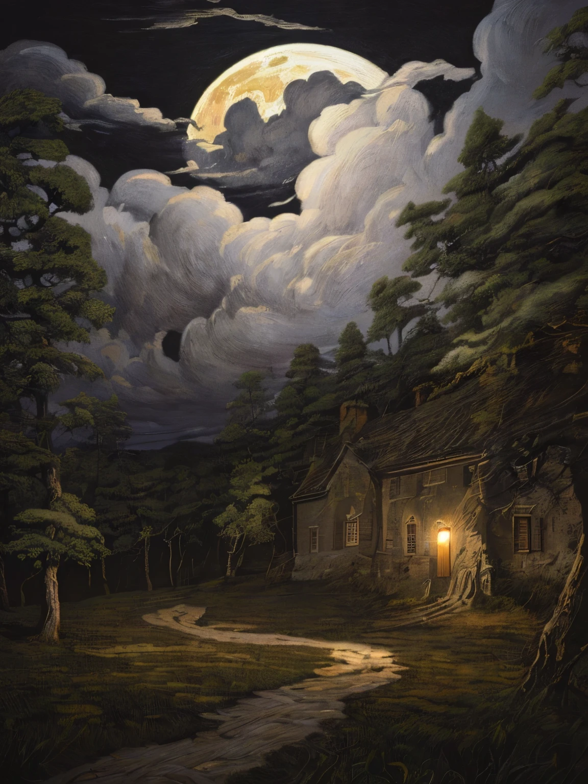 (masterpiece:1.2, best quality), (ultra-detailed), (illustration), (ultra highres), (delicate illustration), (hyper-detailed), (super detail:1.3), professional lighting, cinematic lighting, (nostalgia and peacefulness:1.3), professional (landscape painting) of natures, moon lighting, moon light on trees leaves, (dark cloud, dark night, full moon, dark lighting)