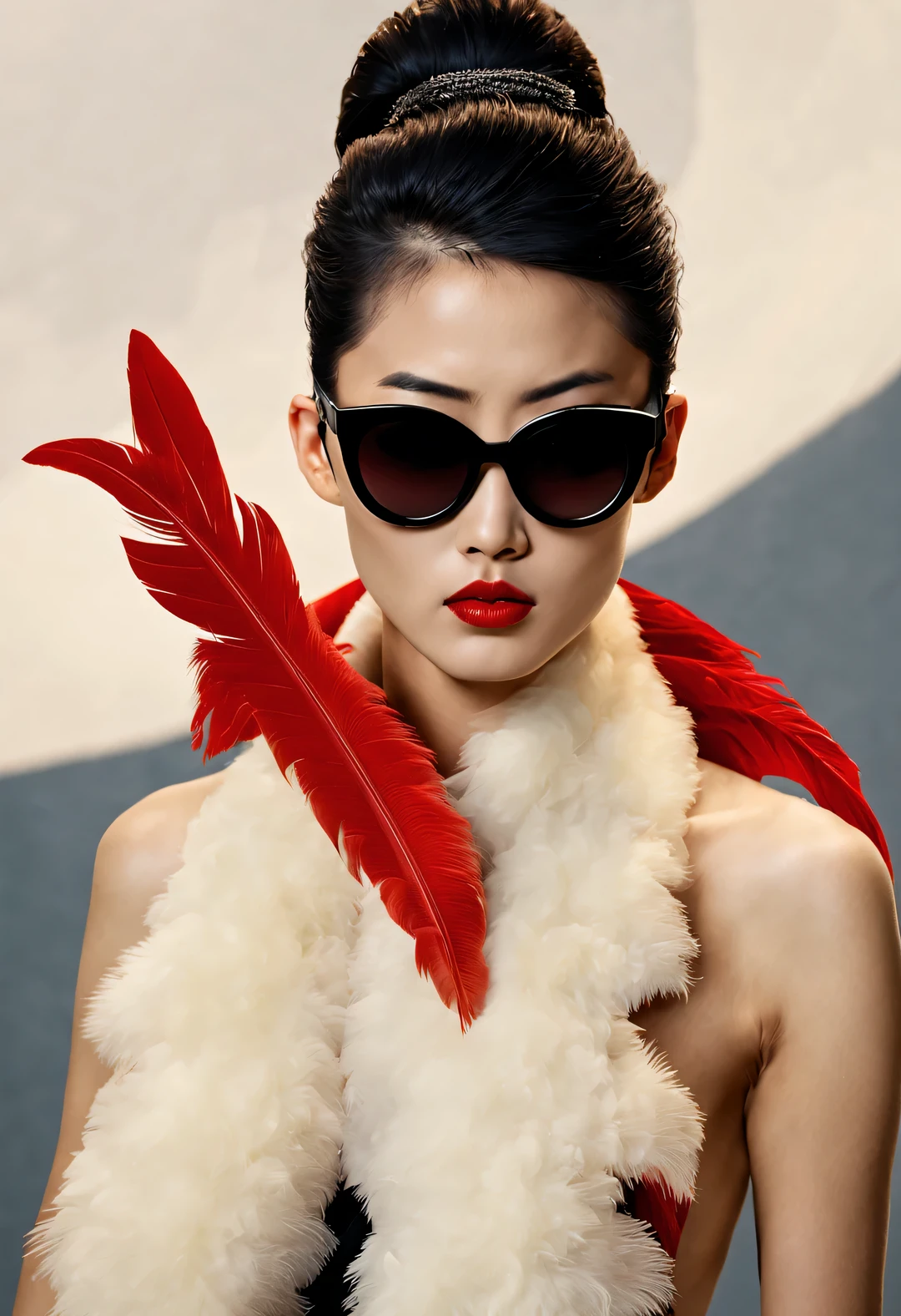 (Modern art fashion character design), (Half-length close-up), (Beautiful Chinese Girl Holding Big and Exaggerated Chicken Feather Dust: 1.3), (Wearing large sunglasses: 1.3), and (Kuntail braid hairstyle: 1.2), a harmonious combination of classic and modern, (Dark Blue Sweater and Jeans: 0.68), (Red scarf jacket: 0.7), Modern and stylish clothing, Elegance, Girl's fair and flawless smooth skin, high nose bridge, Head up posture, sad but beautiful, slender figure, Exquisite facial features, swirling fog illustration, ink painting, black hair, meatball head, Proud, Surrealism, contemporary art photography, action painting illustration, abstract expressionism, Pixar, depth of field, motion blur, backlight, radiation, decline, Head up angle, Sony FE General Manager, ultra high definition, masterpiece, accurate, textured skin, Super details, high detail, high quality, Award-winning, best quality, Level, 16k, Photographed from a bottom-up perspective, humor,