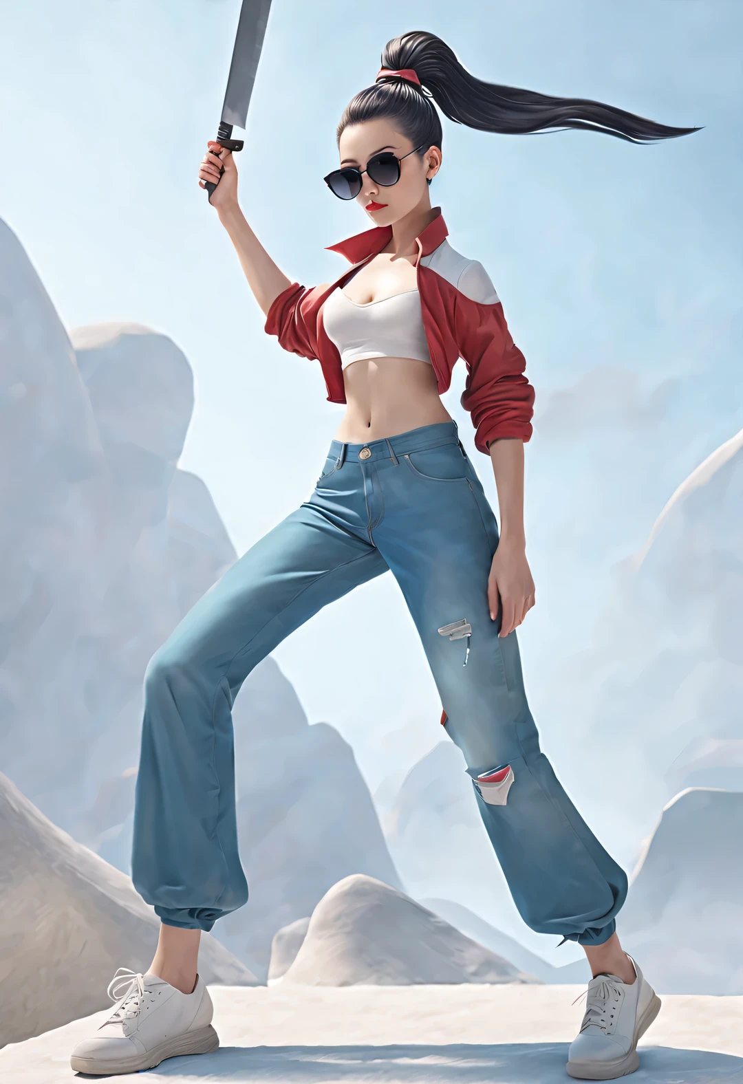 (Modern art fashion character design), Very unified CG, (Half-length close-up), (Beautiful Chinese girl holding machete: 1.3), (Wearing large sunglasses: 1.3), and (five tail braid hairstyle: 1.2), a harmonious combination of classic and modern, (dark blue sweater and jeans: 0.68), (Red scarf jacket: 0.7), modern fashion outfit, Elegance, the girl's fair and flawless smooth skin, high nose bridge, Head up posture, sad but beautiful, slender figure, Exquisite facial features, swirling fog illustration, ink painting, black hair, meatball head, Proud, Surrealism, contemporary art photography, action painting illustration, abstract expressionism, Pixar, depth of field, motion blur, backlight, radiation, decline, Head up angle, Sony FE General Manager, ultra high definition, masterpiece, accurate, textured skin, Super details, high detail, high quality, Award-winning, best quality, Level, 16k, Photographed from a bottom-up perspective, humor,