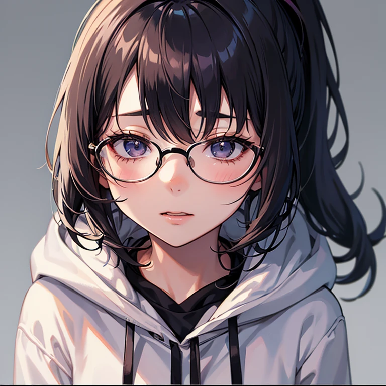 messy hair、dull bangs、messy hair、Sloppy、cross-eyed、drunk、( fool / Sexual ecstasy)、Glasses、highest quality, Super delicate illustration, Beautiful charming anime girl, slender body, tied hair, one girl,wearing a hood,hoodie、close up of face、ponytail