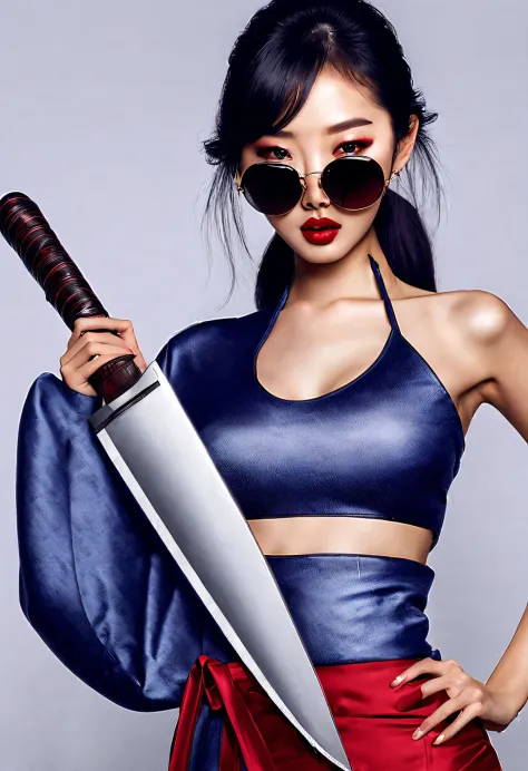 (Modern art fashion character design), Very unified CG, ( close up), (Beautiful Chinese girl holding machete: 1.3), (Wearing lar...