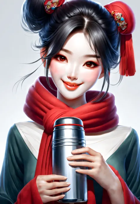 (Modern Art and Fashion Character Design), Very unified CG, (Half-length close-up), (Beautiful Chinese girl holding a thermal lunch box and smiling softly: 1.37), (Wrapped in a wide red woolen scarf: 1.0), (Wearing big sunglasses and bun: 0.95), Harmonious...
