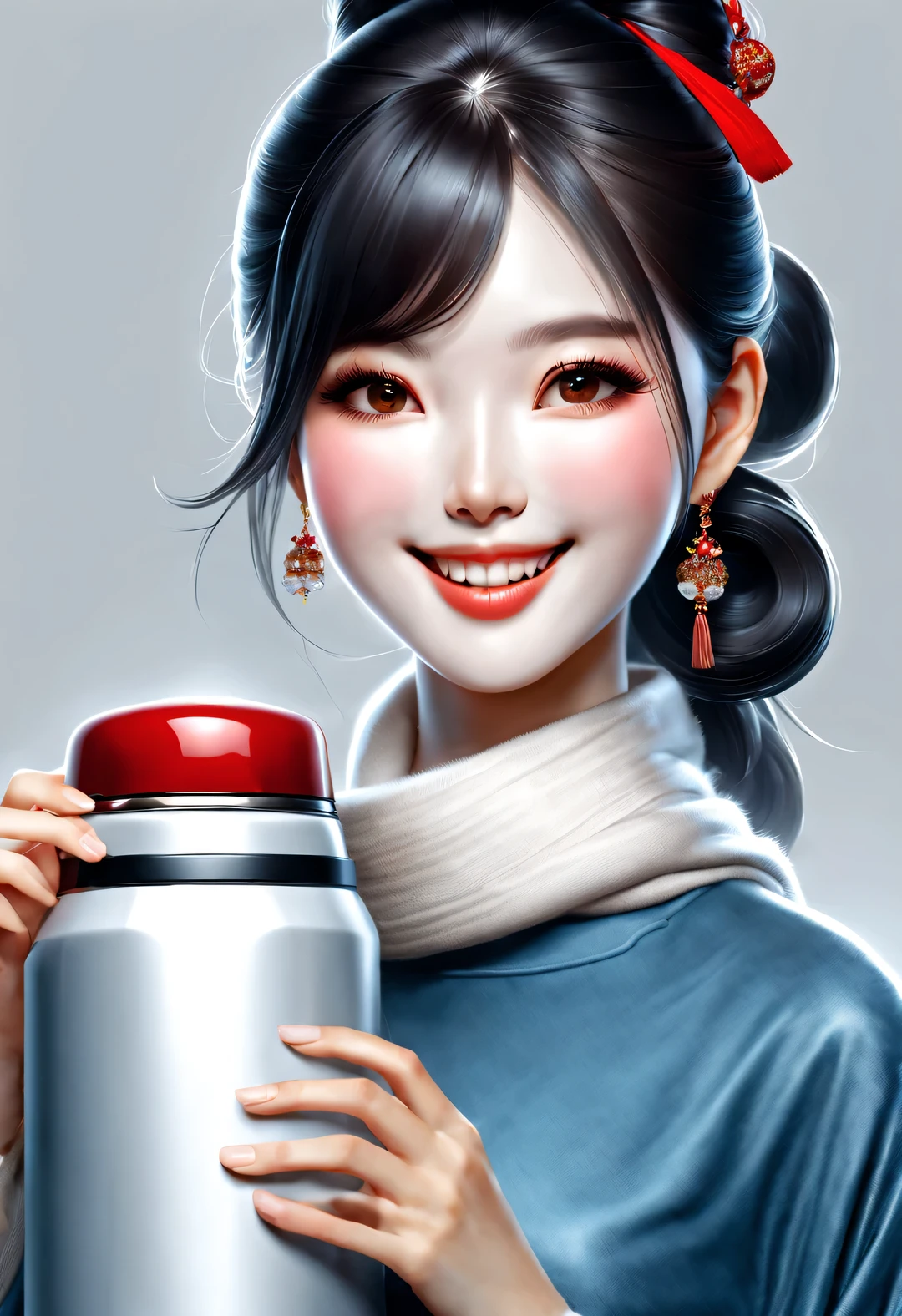 (Arte Moderna e Design de Personagens de Moda), CG muito unificado, (close-up de meio comprimento), (Linda garota chinesa segurando uma lancheira térmica e sorrindo suavemente: 1.37), (Envolto em um largo lenço de lã vermelho: 1.0), (Usando grandes óculos escuros e coque: 0.95), Combinação harmoniosa de clássico e moderno, (Suéter azul escuro e jeans: 0.68), roupas modernas e elegantes, elegância, Menina com pele lisa e perfeita, ponte nasal alta, Postura de cabeça erguida, triste mas lindo, Figura esbelta, características faciais requintadas, ilustração de névoa rodopiante, Pintura a tinta, Cabelo preto, cabeça de almôndega, orgulhoso, Surrealismo, fotografia de arte contemporânea, ilustração de pintura de ação, expressionismo abstrato, Pixar, profundidade de campo, desfoque de movimento, luz de fundo, radiação, declínio, ângulo de cabeça para cima, Gerente Geral da Sony FE, ultra-alta definição, obra de arte, preciso, Pele texturizada, Super detalhes, alto detalhe, alta qualidade, premiado, melhor qualidade, Nível, 16k, Fotografado de uma perspectiva de baixo para cima, humor,