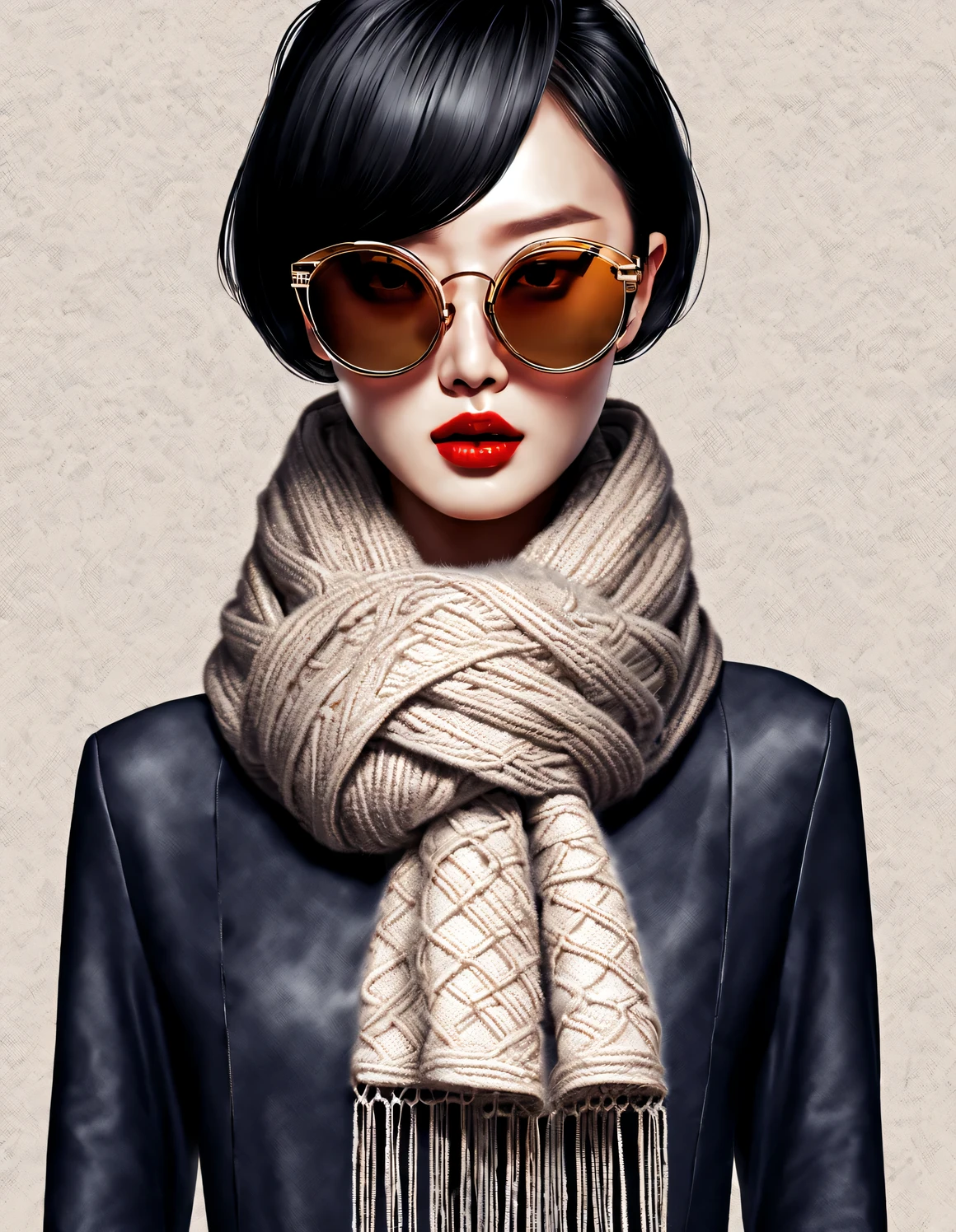 (Modern art fashion character design), Very unified CG, (Half-length close-up), (Beautiful Chinese girl is like a warm lunch box), (Wrapped in a wide woolen scarf: 1.3), (Wearing large sunglasses: 1.3), and (meatball head: 1.2), a harmonious combination of classic and modern, (Dark Blue Sweater and Jeans: 0.68), Modern and stylish clothing, Elegance, the girl's fair and flawless smooth skin, high nose bridge, and head up posture, Sad and beautiful, slender figure, Exquisite facial features, swirling fog illustration, ink painting, black hair, meatball head, Proud, Surrealism, contemporary art photography, action painting illustration, abstract expressionism, Pixar, depth of field, motion blur, backlight, radiation, decline, Head up angle, Sony FE General Manager, ultra high definition, masterpiece, accurate, textured skin, Super details, high detail, high quality, Award-winning, best quality, Level, 16k, Photographed from a bottom-up perspective, humor,