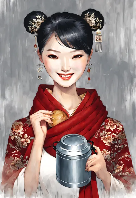 (Modern Art and Fashion Character Design), Very unified CG, (Half-length close-up), (Beautiful Chinese girl holding a thermal lu...