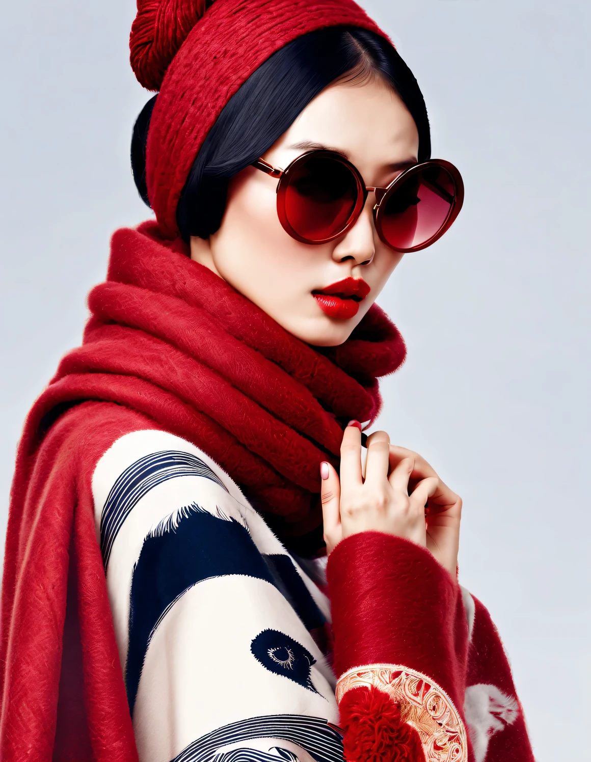 (Modern art dance simple poster design), (Half-length close-up), (Beautiful Chinese girl kissing big luxury leather bag,), (（Wearing sunglasses and braided hairstyle：1.2）), Characterized by exquisite details and layering, The pastel tones of a light blue jacket and an off-white floral sweater blend together, Black and white plaid pants also have a sharp contrast,， Wear modern and stylish winter fashion, slim waist, high nose bridge, look up姿势, sad but beautiful, slender figure, Exquisite facial features, swirling fog illustration, ink painting, black hair,Proudly, Surrealism, contemporary art photography, action illustration, abstract expressionism, Pixar, depth of field, motion blur, backlight, Fall out, decline, look up, Sony FE General Manager, ultra high definition, masterpiece, Accuracy, textured skin, Super details, high detail, high quality, Award-winning, best quality, grade, 16k, Photographed from a bottom-up angle,