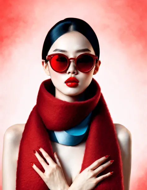 (Modern art fashion character design), Very unified CG, (Half-length close-up), (Beautiful Chinese girl is like a warm lunch box), (Wrapped in a wide red woolen scarf: 1.3), (Wearing large sunglasses: 1.3), and (meatball head: 1.2), a harmonious combinatio...