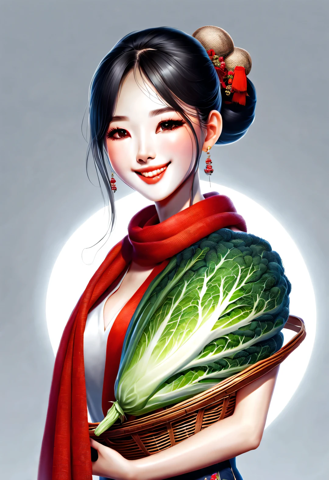 (Modern art fashion character design), Very unified CG, (Half-length close-up), (Beautiful Chinese girl holding a big food basket and smiling softly: 1.37), (Wrapped in a wide red wool scarf: 1.0), (Wearing large sunglasses，Tied in a bun: 0.95), Harmonious combination of classic and modern, (Dark blue sweater and jeans: 0.68), modern fashion outfit, Elegance, Girl fair and flawless smooth skin, high nose bridge, Head up posture, sad yet beautiful, slender figure, Exquisite facial features, swirling fog illustration, ink painting, black hair, meatball head, Proud, Surrealism, contemporary art photography, action painting illustration, abstract expressionism, Pixar, depth of field, motion blur, backlight, radiation, decline, Head up angle, Sony FE General Manager, ultra high definition, masterpiece, accurate, textured skin, Super details, high detail, high quality, Award-winning, best quality, Level, 16k, Photographed from a bottom-up perspective, humor,