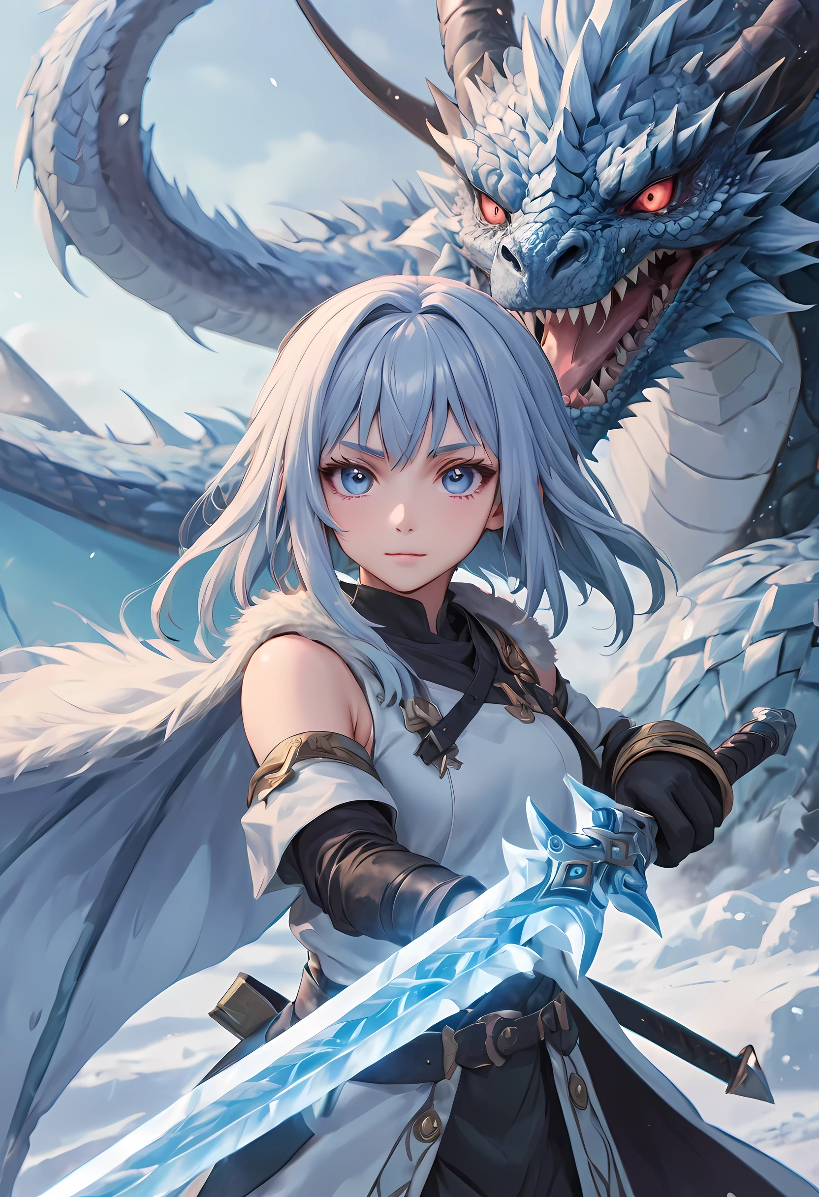 best quality,masterpiece,(Very detailed:1.2),(perfect face:1.3),拿着冰frost sword的漂亮女孩, with ice dragon,Valkyrie in the Art of Demon-Slaying,High-quality animation illustrations,Human and dragon fusion, Anime Fantasy Illustration, fantasy style anime, (giant ice dragon),dragon god,Ice blade,frost sword,Epic Anime Fantasy, anime fantasy artwork, Artoria Pendragon, Demon Slayer: Rui fan art, Detailed digital animation art, Digital animation illustration, Detailed key animation art, Epic light novel art cover, Detailed anime art,  Caricature wallpaper, dragon girl, epic anime style, 2.5D CGI Art,granblue fantasy,Ark Night