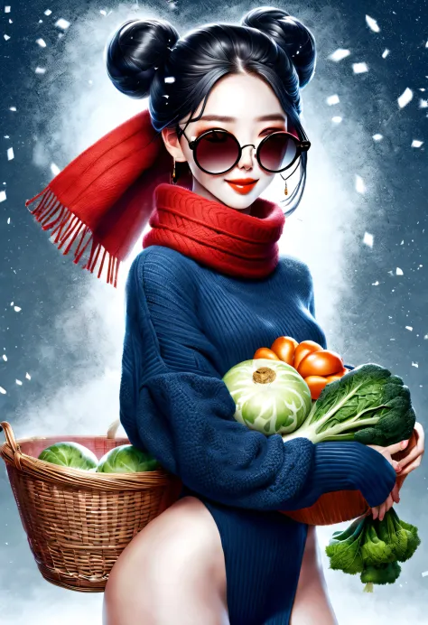 (Modern art fashion character design), Very unified CG, (Half-length close-up), Snowy background,
(A beautiful Chinese girl hold...