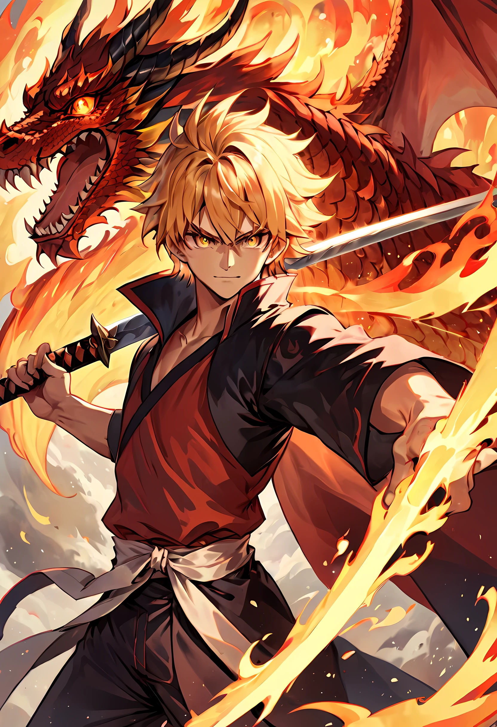 (best quality,masterpiece),(Very detailed:1.2),(perfect face:1.3),Handsome man holding flaming sword,Surrounded by Eastern Fire Dragons,fighting stance,Handsome guy in the art of slaying demons,High-quality animation illustrations,Human and dragon fusion, Anime Fantasy Illustration, fantasy style anime, (Giant fire dragon), person with dragon soul,dragon god,Fire Mage,fire blade,Epic Anime Fantasy, anime fantasy artwork