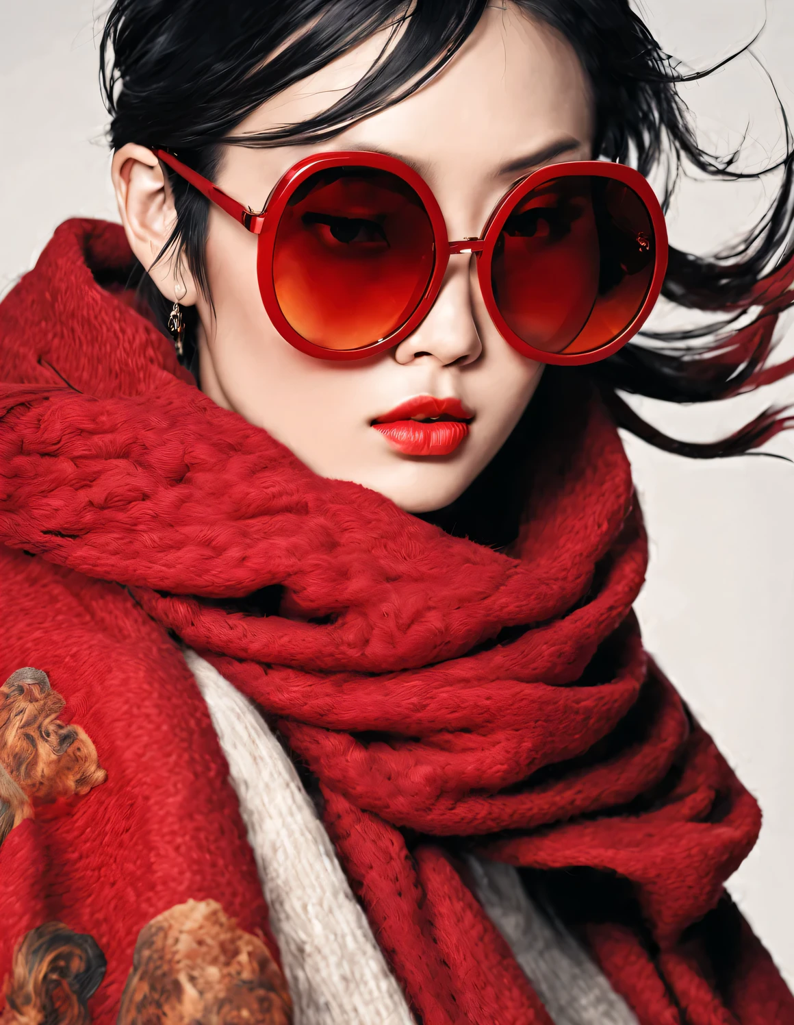 (Modern art fashion character design), Very unified CG, (Half-length close-up), (Beautiful Chinese girl is like a warm lunch box), (Wrapped in a wide red woolen scarf: 1.3), (Wearing large sunglasses: 1.3), and (meatball head: 1.2), a harmonious combination of classic and modern, (Dark Blue Sweater and Jeans: 0.68), Modern and stylish clothing, Elegance, the girl's fair and flawless smooth skin, high nose bridge, and head up posture, Sad and beautiful, slender figure, Exquisite facial features, swirling fog illustration, ink painting, black hair, meatball head, Proud, Surrealism, contemporary art photography, action painting illustration, abstract expressionism, Pixar, depth of field, motion blur, backlight, radiation, decline, Head up angle, Sony FE General Manager, ultra high definition, masterpiece, accurate, textured skin, Super details, high detail, high quality, Award-winning, best quality, Level, 16k, Photographed from a bottom-up perspective, humor,