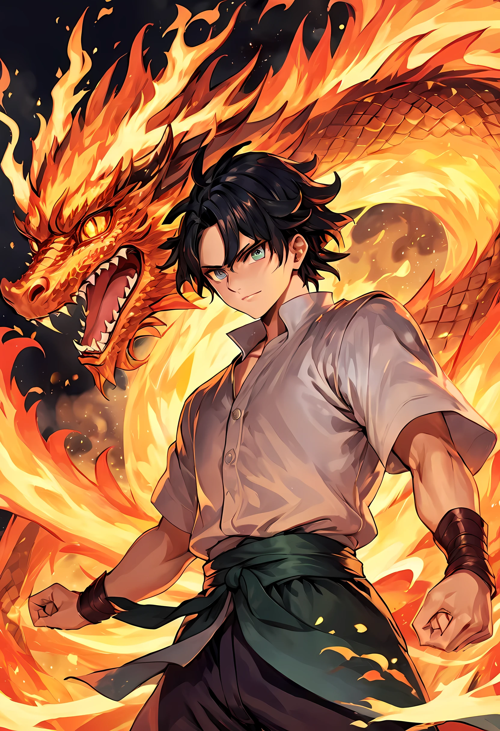 (best quality,masterpiece),(Very detailed:1.2),(perfect face:1.3),Handsome man surrounded by oriental fire dragons,fighting stance,Handsome guy in the art of slaying demons,High-quality animation illustrations,Human and dragon fusion, Anime Fantasy Illustration, fantasy style anime, (Giant fire dragon), (person with dragon soul:1.2),(Fire Mage), Epic Anime Fantasy, anime fantasy artwork