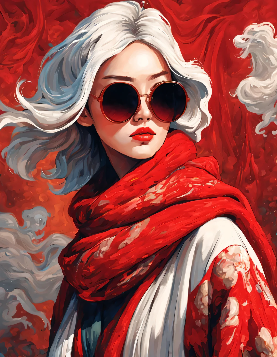 (Design de personagens de arte moderna e moda), CG muito unificado, (close-up de meio comprimento), (Linda garota chinesa é como uma lancheira quente), (Envolto em um largo lenço de lã vermelho: 1.3), (Usando óculos de sol grandes: 1.3), e (cabeça de almôndega: 1.2), a harmonious combination of classic e modern, (Dark Blue Sweater e Jeans: 0.68), Modern e stylish clothing, elegância, the girl's fair e flawless smooth skin, ponte nasal alta, e head up posture, Sad e beautiful, Figura esbelta, características faciais requintadas, ilustração de névoa rodopiante, Pintura a tinta, Cabelo preto, cabeça de almôndega, orgulhoso, Surrealismo, fotografia de arte contemporânea, ilustração de pintura de ação, expressionismo abstrato, Pixar, profundidade de campo, desfoque de movimento, luz de fundo, radiação, declínio, ângulo de cabeça para cima, Gerente Geral da Sony FE, ultra-alta definição, obra de arte, preciso, Pele texturizada, Super detalhes, alto detalhe, alta qualidade, premiado, melhor qualidade, Nível, 16k, Fotografado de uma perspectiva de baixo para cima, humor,