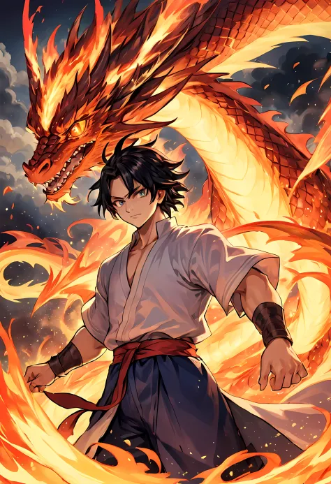 (best quality,masterpiece),(Very detailed:1.2),(perfect face:1.3),Handsome man surrounded by oriental fire dragons,fighting stan...
