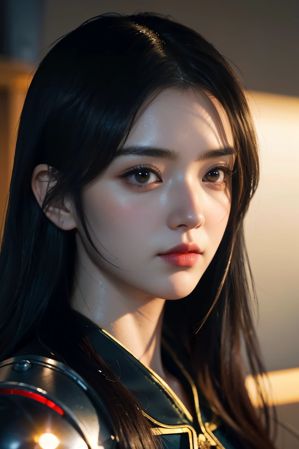 Game art，The best picture quality，Highest resolution，8K，((A bust photograph))，((Portrait))，((Head close-up:1.5))，(Rule of thirds)，Unreal Engine 5 rendering works， (The Girl of the Future)，(Female Warrior)， 22-year-old girl，(Female hackers)，(Ancient Oriental hairstyle)，((The pupils of the red eyes:1.3))，(A beautiful eye full of detail)，(Big breasts)，(Eye shadow)，Elegant and charming，indifferent，((Anger))，(Future style silk combat suit combined with the characteristics of Chinese cheongsam，Joint Armor，There are exquisite Chinese patterns on the clothes，A flash of jewellery)，Cyberpunk Characters，Future Style， Photo poses，City background，Movie lights，Ray tracing，Game CG，((3D Unreal Engine))，oc rendering reflection pattern