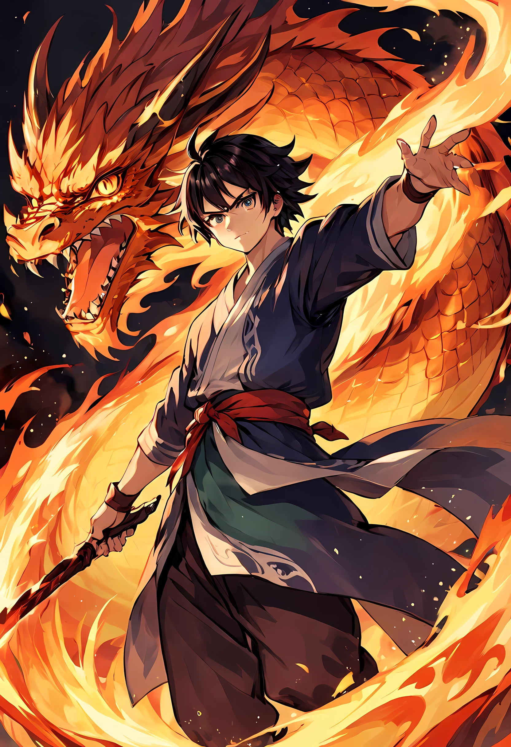 (best quality,masterpiece),(Very detailed:1.2),(perfect face:1.3),Handsome man surrounded by oriental fire dragons,fighting stance,Handsome guy in the art of slaying demons,High-quality animation illustrations,Human and dragon fusion, Anime Fantasy Illustration, fantasy style anime, (Flame Blade:1.3),(Giant fire dragon), (person with dragon soul:1.2),dragon god,(Fire Mage:1.3), Epic Anime Fantasy, anime fantasy artwork