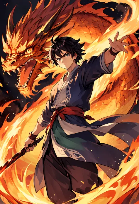 (best quality,masterpiece),(Very detailed:1.2),(perfect face:1.3),Handsome man surrounded by oriental fire dragons,fighting stan...