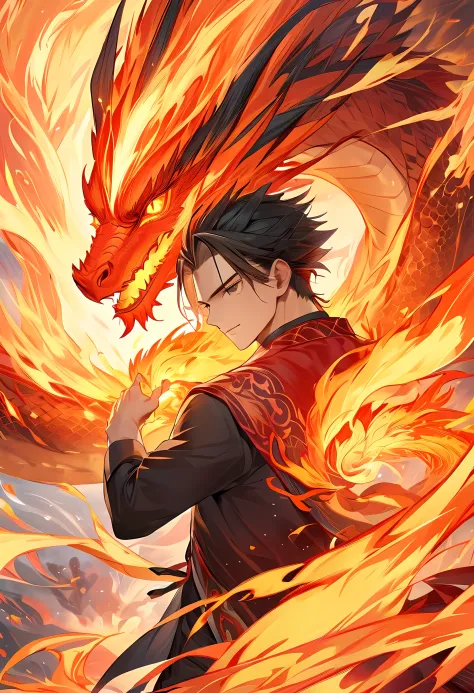 (best quality,masterpiece),(Very detailed:1.2),(perfect face:1.3),Handsome man surrounded by oriental fire dragons,struggle,Hand...