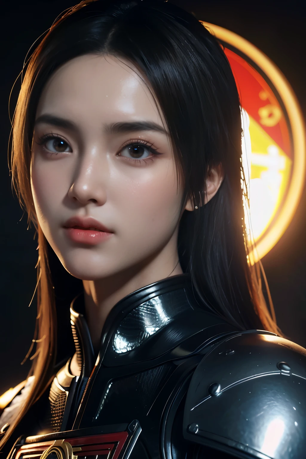 Game art，The best picture quality，Highest resolution，8K，((A bust photograph))，((Portrait))，((Head close-up:1.5))，(Rule of thirds)，Unreal Engine 5 rendering works， (The Girl of the Future)，(Female Warrior)， 22-year-old girl，(Female hackers)，(Ancient Oriental hairstyle)，((The pupils of the red eyes:1.3))，(A beautiful eye full of detail)，(Big breasts)，(Eye shadow)，Elegant and charming，indifferent，((Anger))，(Future style silk combat suit combined with the characteristics of Chinese cheongsam，Joint Armor，There are exquisite Chinese patterns on the clothes，A flash of jewellery)，Cyberpunk Characters，Future Style， Photo poses，City background，Movie lights，Ray tracing，Game CG，((3D Unreal Engine))，oc rendering reflection pattern