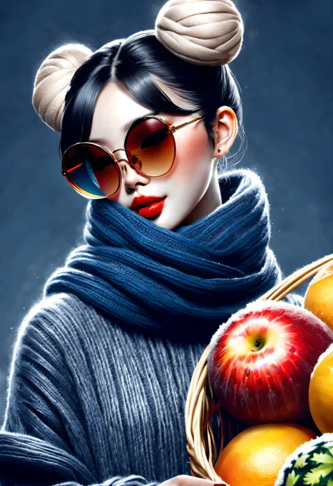 (Modern art fashion character design), Very unified CG, (Half-length close-up), Snowy background,
(A beautiful Chinese girl holds a big fruit basket and smiles gently), (A wide and large red woolen scarf covered half of her face: 1.0), (Wearing large sungl...