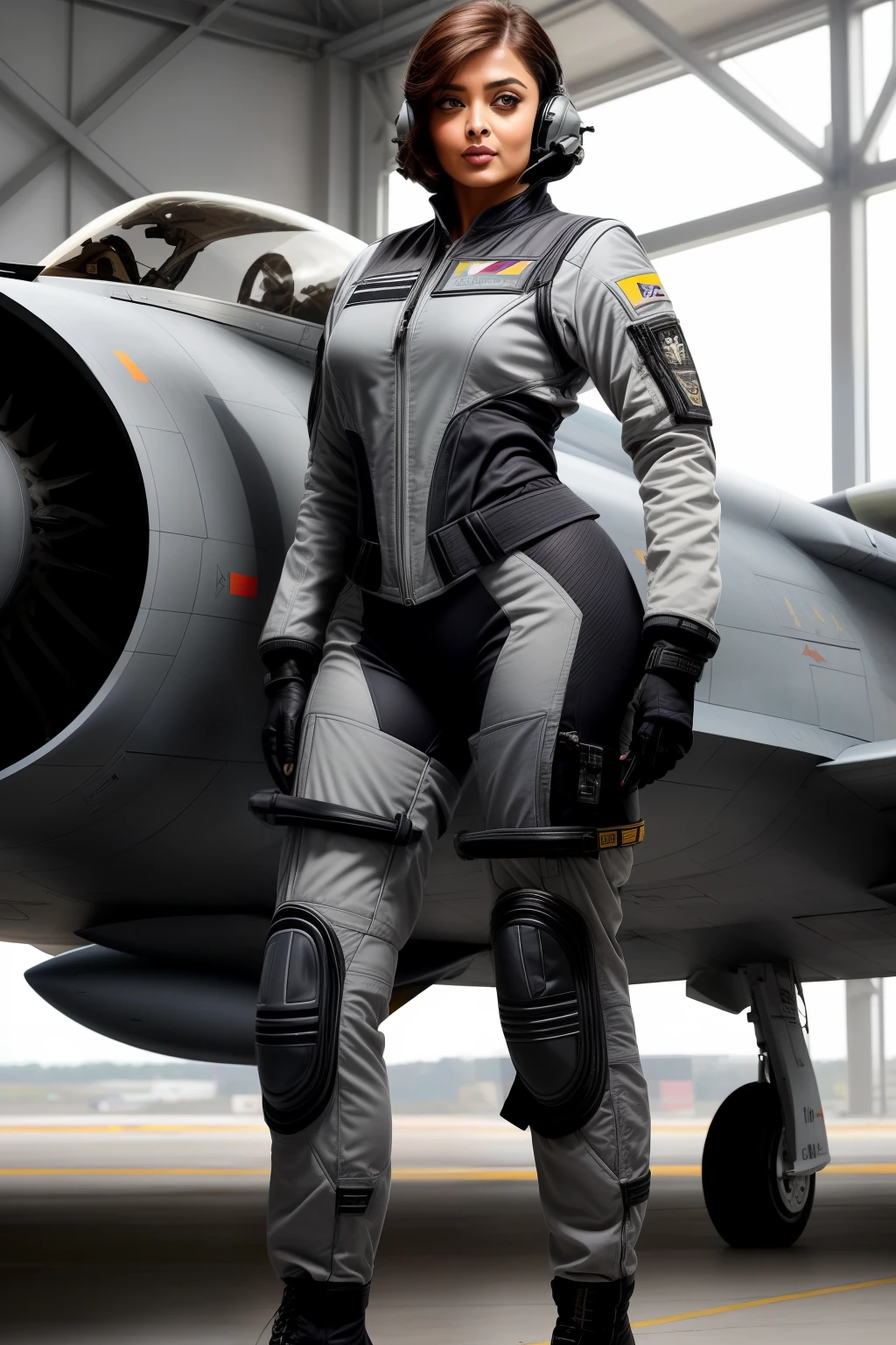 Woman in grey suit standing in front of fighter jet in hangar - SeaArt AI