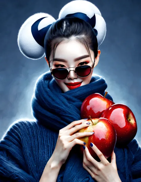 (Modern art fashion character design), Very unified CG, (Half-length close-up), Snowy background,
(A beautiful Chinese girl smiles gently，Hands holding many red apples), (An exaggerated red wide woolen scarf covered half of her face: 1.1), (Wearing large s...