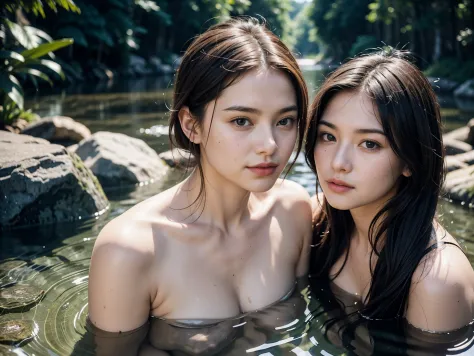 Close-up portrait of 2 cute women bathing in river,looking at each other&#39;s chest，face to face，One of the people put his hand...