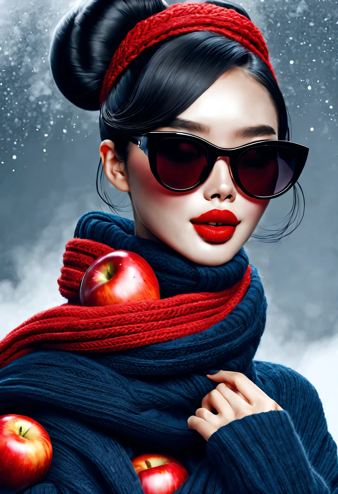 (Modern art fashion character design), Very unified CG, (Half-length close-up), Snowy background,
(A beautiful Chinese girl holds many red apples，smile softly), (An exaggerated red wide woolen scarf covered half of her face: 1.1), (Wearing black sunglasses，Comb your hair in a bun: 1.2), Harmonious combination of classic and modern, (Dark blue sweater), Girl fair and flawless smooth skin, high nose bridge, Head up posture, sad yet beautiful, slender figure, Exquisite facial features, and swirling mist illustration, ink painting, black hair, meatball, Proud, Surrealism, contemporary art photography, action painting illustration, abstract expressionism, Pixar, depth of field, motion blur, backlight, radiation, decline, Head up angle, Sony FE General Manager, ultra high definition, masterpiece, accurate, textured skin, Super details, high detail, high quality, Award-winning, best quality, Level, 16k, Photographed from a bottom-up perspective, interesting,