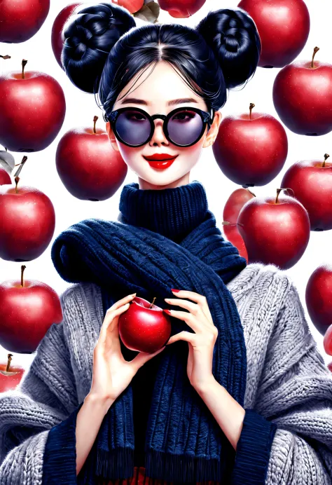 (Modern art fashion character design), Very unified CG, (Half-length close-up), Snowy background,
(A beautiful Chinese girl holds many red apples，smile softly), (An exaggerated red wide woolen scarf covered half of her face: 1.1), (Wearing black sunglasses...