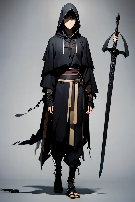 Full body image from head to toe、Putting the hood over your head、An adventurer wearing a large torn cloak with tattered edges.、carries a large sword on his back、elder brother、A shabby appearance、simple dark background、