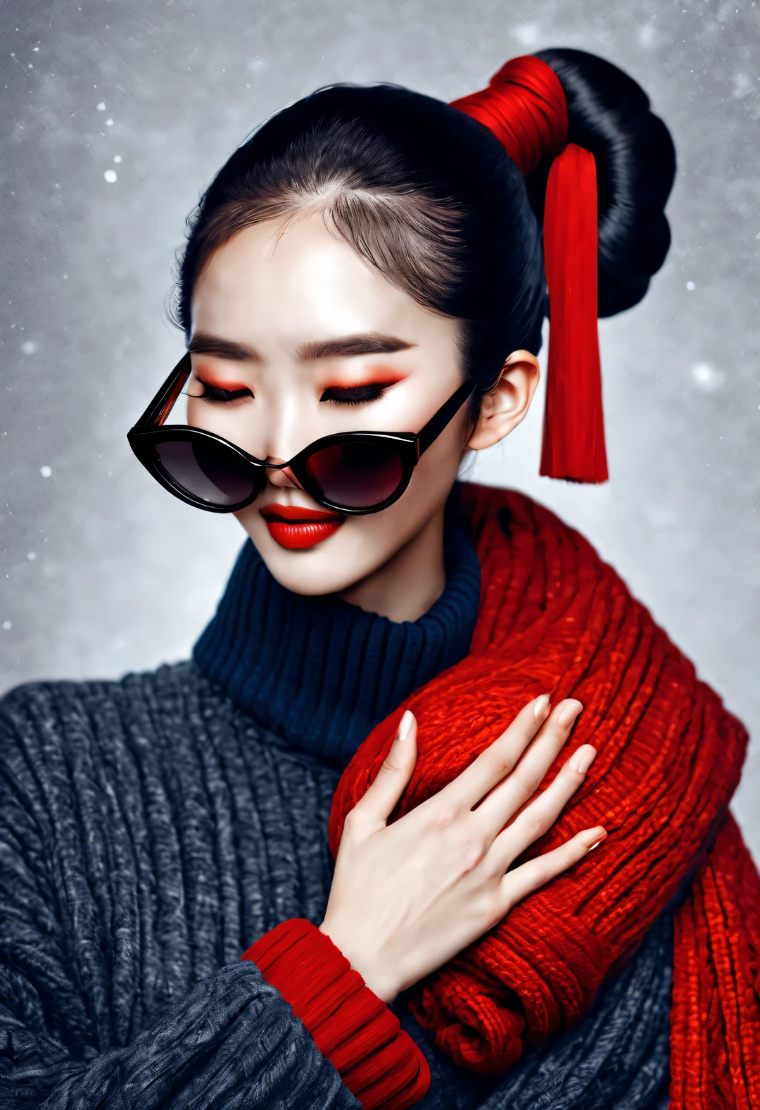 (Modern art fashion character design), Very unified CG, (Half-length close-up), Snowy background,
(A beautiful Chinese girl smiles tenderly and prays), (An exaggerated red wide woolen scarf covered half of her face: 1.1), (Wearing black sunglasses，Comb your hair in a bun: 1.2), Harmonious combination of classic and modern, (Dark blue sweater jacket), Girl fair and flawless smooth skin, high nose bridge, Head up posture, sad yet beautiful, slender figure, Exquisite facial features, swirling fog illustration, ink painting, black hair, meatball, Proud, Surrealism, contemporary art photography, action painting illustration, abstract expressionism, Pixar, depth of field, motion blur, backlight, radiation, decline, Head up angle, Sony FE General Manager, ultra high definition, masterpiece, accurate, textured skin, Super details, high detail, high quality, Award-winning, best quality, Level, 16k, Photographed from a bottom-up perspective, interesting,