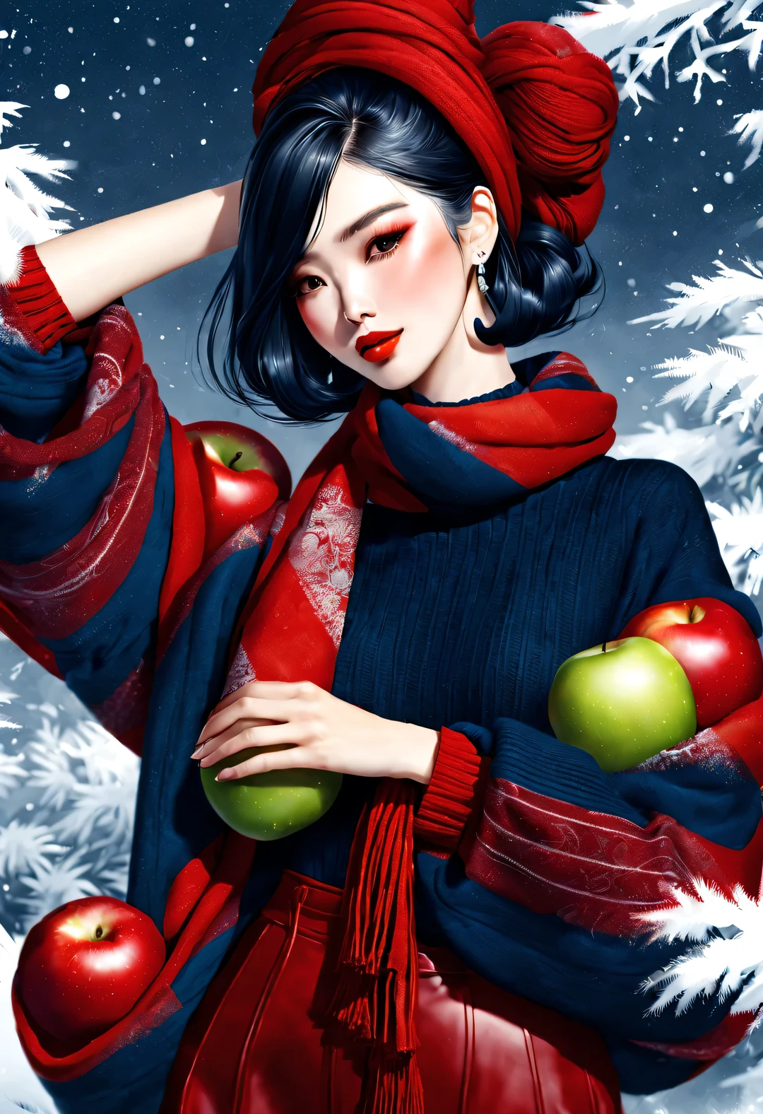 (Design de personagens de arte moderna e moda), CG muito unificado, (close-up de meio comprimento), fundo nevado,
(Uma linda garota chinesa segura uma maçã grande，sorria gentilmente ）, (Um lenço de lã vermelho exagerado e largo cobria metade do rosto dela.: 1.1), (Usando óculos de sol grandes，Penteie o cabelo em um coque: 1.2), Combinação harmoniosa de clássico e moderno, (suéter azul escuro), Menina com pele lisa e perfeita, ponte nasal alta, Pose elevada, triste mas lindo, Figura esbelta, características faciais requintadas, ilustração de névoa rodopiante, Pintura a tinta, Cabelo preto, almôndega, orgulhoso, Surrealismo, fotografia de arte contemporânea, ilustração de pintura de ação, expressionismo abstrato, Pixar, profundidade de campo, desfoque de movimento, luz de fundo, radiação, declínio, ângulo de cabeça para cima, Gerente Geral da Sony FE, ultra-alta definição, obra de arte, preciso, Pele texturizada, Super detalhes, alto detalhe, alta qualidade, premiado, melhor qualidade, Nível, 16k, Fotografado de uma perspectiva de baixo para cima, interessante,