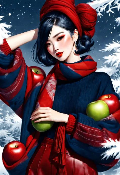 (Modern art fashion character design), Very unified CG, (Half-length close-up), Snowy background,
(A beautiful Chinese girl holds a big apple，Smile gently ）, (An exaggerated red wide woolen scarf covered half of her face: 1.1), (Wearing large sunglasses，Co...