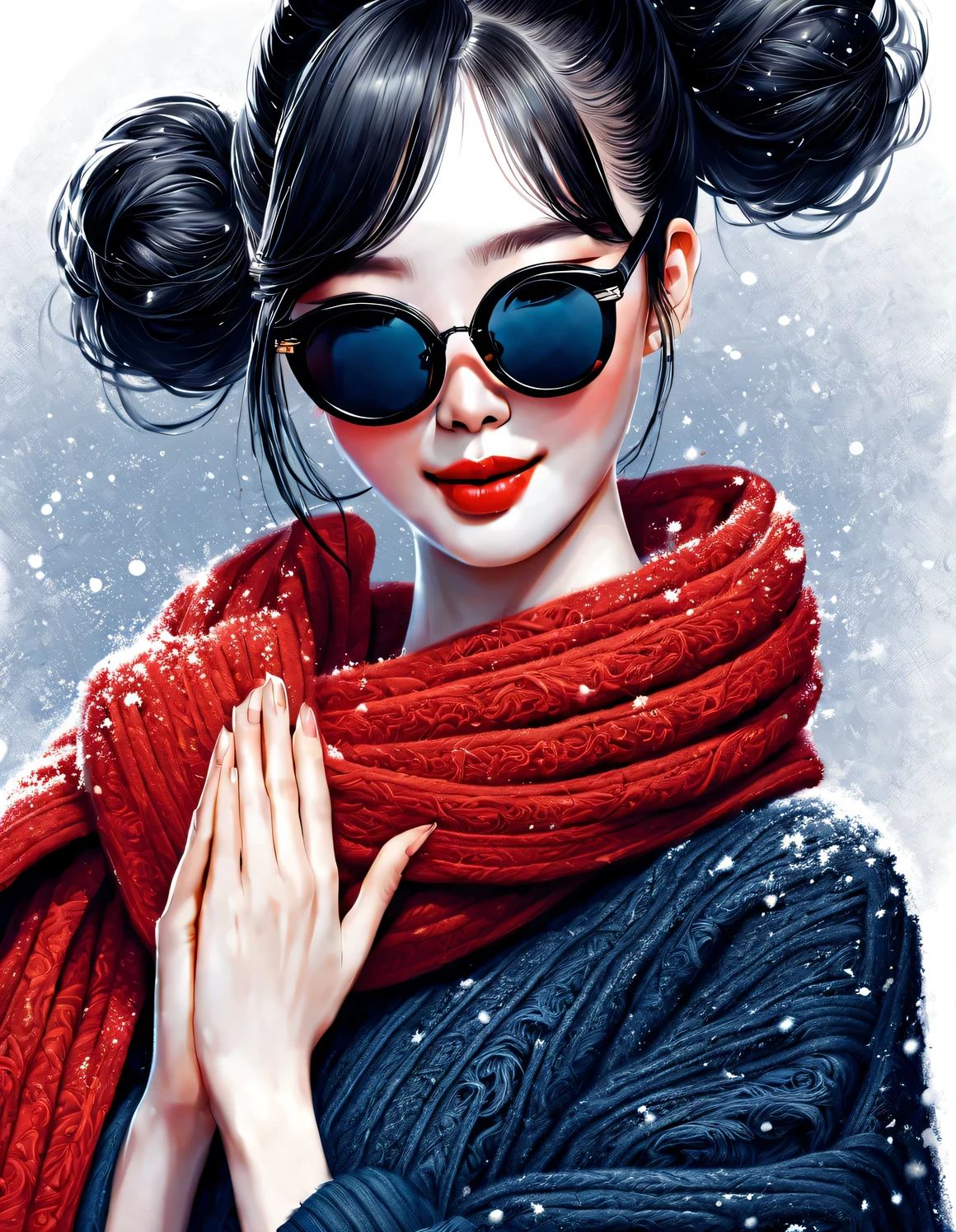 (Modern art fashion character design), Very unified CG, (Half-length close-up), Snowy background,
(A beautiful Chinese girl smiles tenderly and prays), (An exaggerated red wide woolen scarf covered half of her face: 1.1), (Wearing black sunglasses，Comb your hair in a bun: 1.2), Harmonious combination of classic and modern, (Dark blue sweater jacket), Girl fair and flawless smooth skin, high nose bridge, Head up posture, sad yet beautiful, slender figure, Exquisite facial features, swirling fog illustration, ink painting, black hair, meatball, Proud, Surrealism, contemporary art photography, action painting illustration, abstract expressionism, Pixar, depth of field, motion blur, backlight, radiation, decline, Head up angle, Sony FE General Manager, ultra high definition, masterpiece, accurate, textured skin, Super details, high detail, high quality, Award-winning, best quality, Level, 16k, Photographed from a bottom-up perspective, interesting,