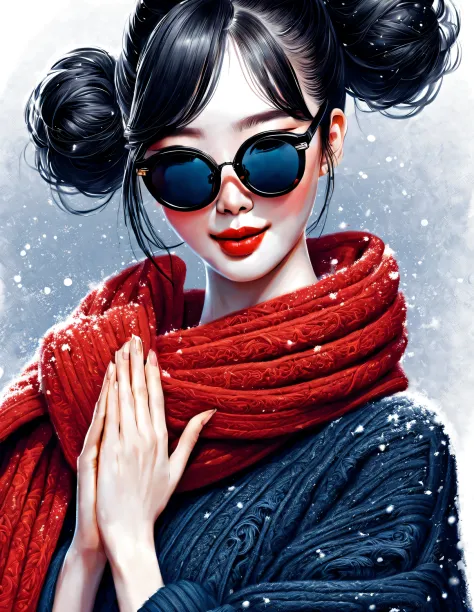 (Modern art fashion character design), Very unified CG, (Half-length close-up), Snowy background,
(A beautiful Chinese girl smiles tenderly and prays), (An exaggerated red wide woolen scarf covered half of her face: 1.1), (Wearing black sunglasses，Comb you...